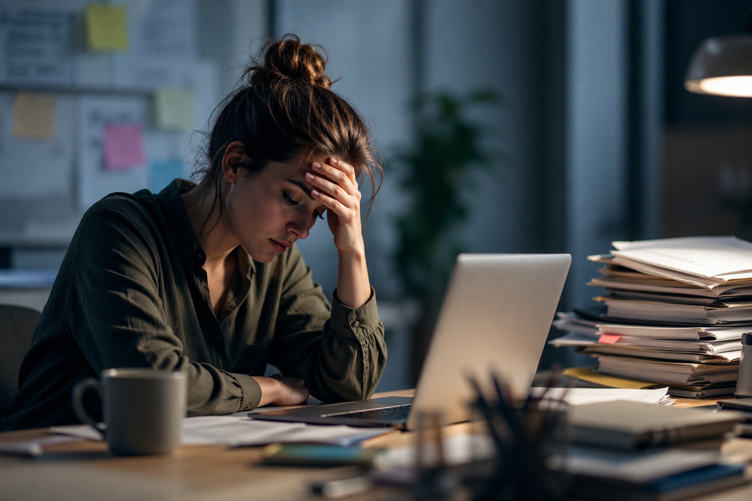 personne épuisée devant un écran en séance de psychothérapie Gestalt en visio pour un burn-out