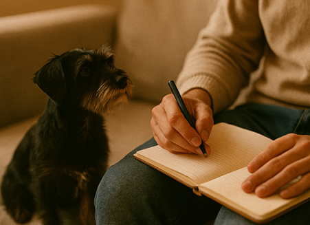 Photo d'un chien écoutant une personne qui est en séance de thérapie en visio